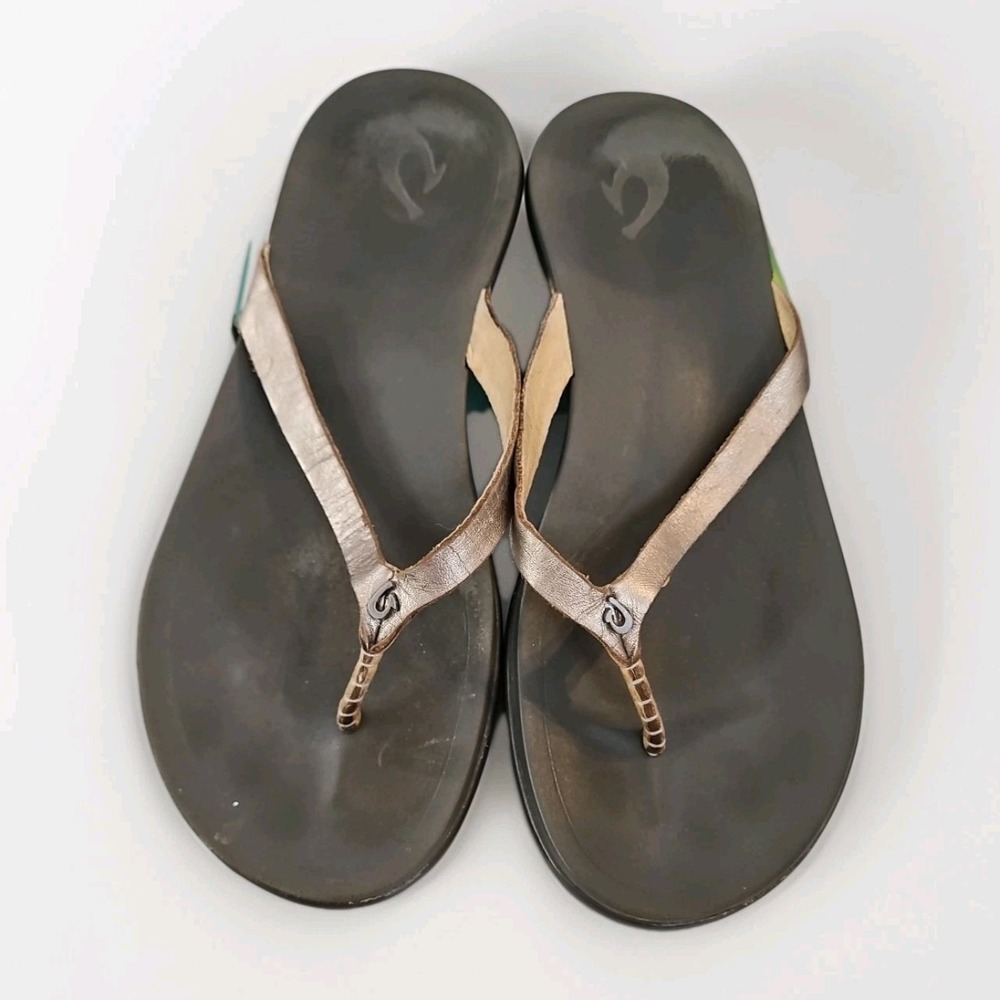 OluKai Ho'ōpio Leather Flip Flops Women Sz 8 Copper Dark Java Boho Beach #586